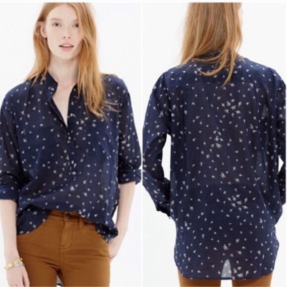 Madewell Blue Collarless Popover Shirt Rosebud Navy Blue Size Small - Picture 1 of 10